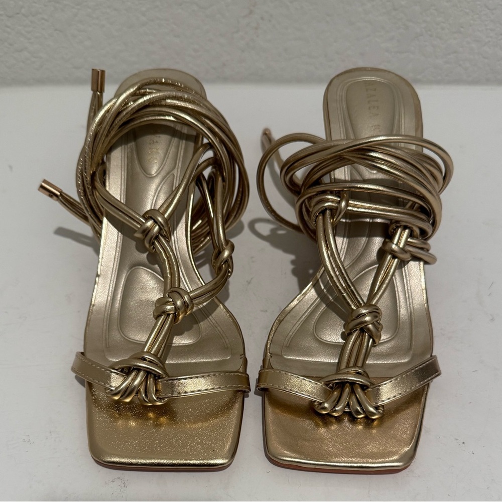 AZALEA WANG Stupendous Gold Ankle Wrap Lace Up High Linking Heel Sandal Size 6.5 - Picture 4 of 15